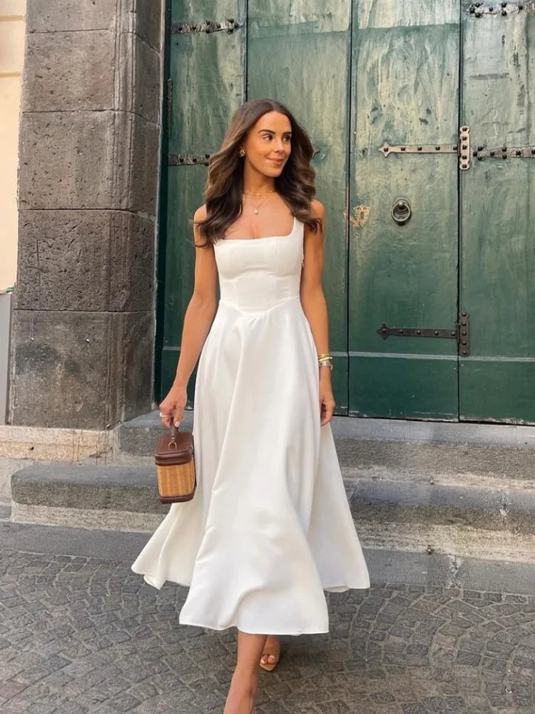 Vestido elegante branco de cintura alta feminino, moda verão, gola quadrada, sem mangas, linha A, 2025, nova vocação, festa na praia, moda urbana