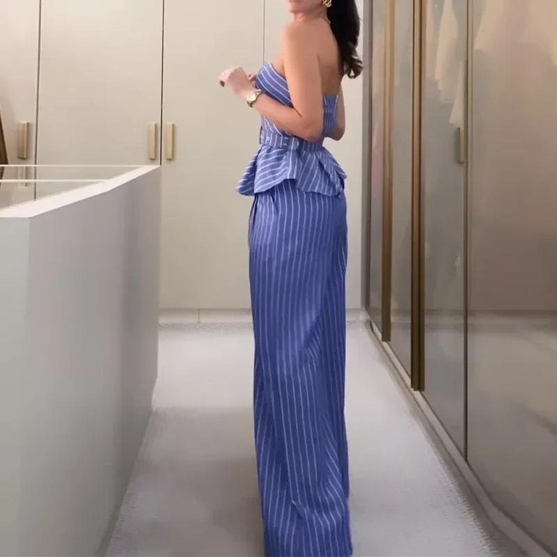 Sleeveless Strapless Tank Top Stripes Printed & Long Wide Leg Pants Women 2pcs Clothes Set Office