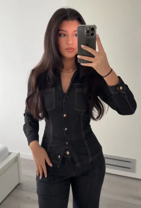 Women Fashion Denim Solid Top High Waist Pants Suits Casual Single Breasted Lapel Neck Shirts Pant Set Spring Lady Street Wear