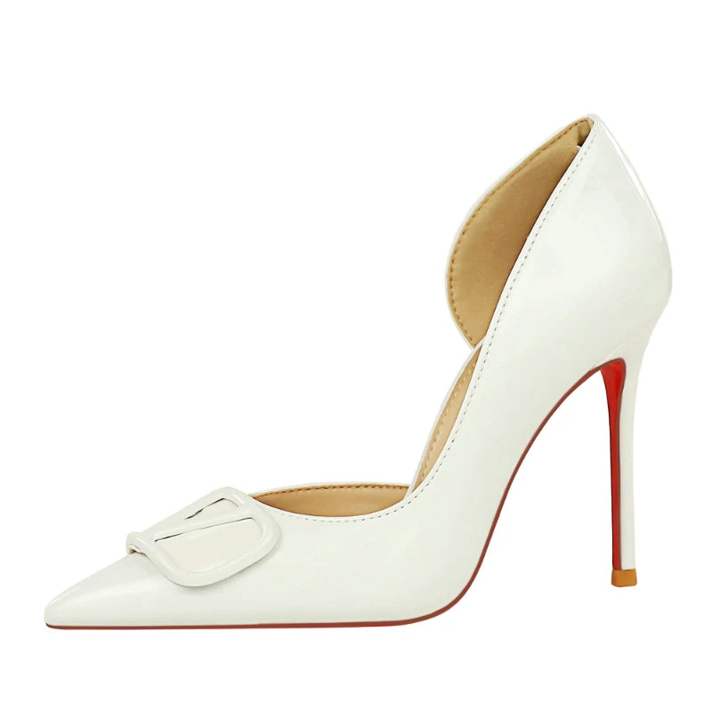 European Banquet Pointed V-Buckle High Heels Thin Heel Patent Leather Side Air Quality Women's Shoes Fashionable And Elegant