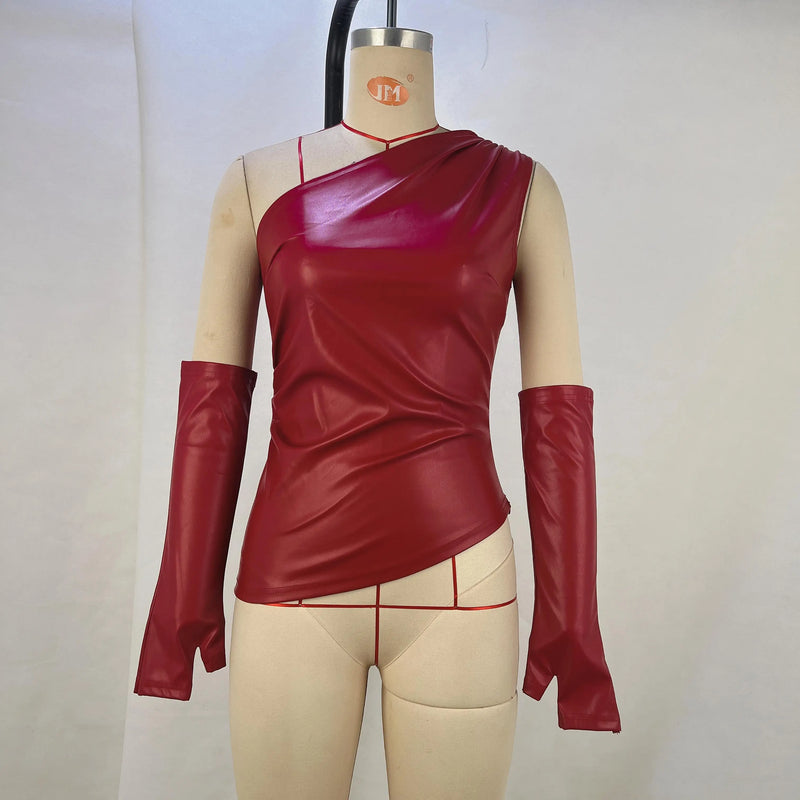 Camiseta regata de couro PU Gtpdpllt, gola diagonal, moda assimétrica, franzida com mangas, camiseta sexy de verão para mulheres, roupas Y2K