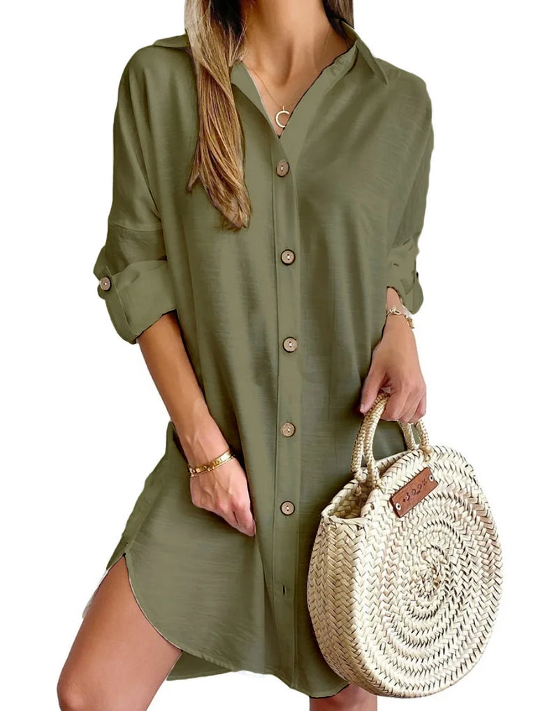 Elegant Women's White Spring And Autumn Casual Long Sleeved Lapel Button Up Shirt Dress 2024 Fashionable Woman Loose Mini Dress