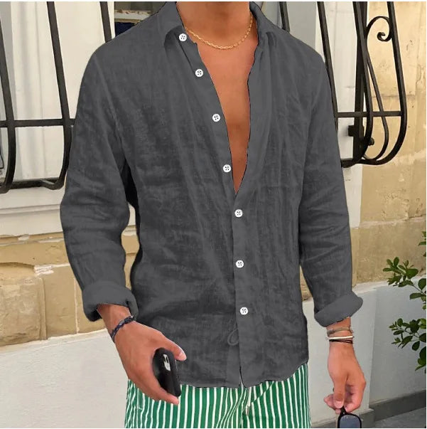 Breathable and Comfortable Pure Cotton Long Sleeved Shirt Summer Thin Cut Lapel Solid Color Versatile Beach Shirt
