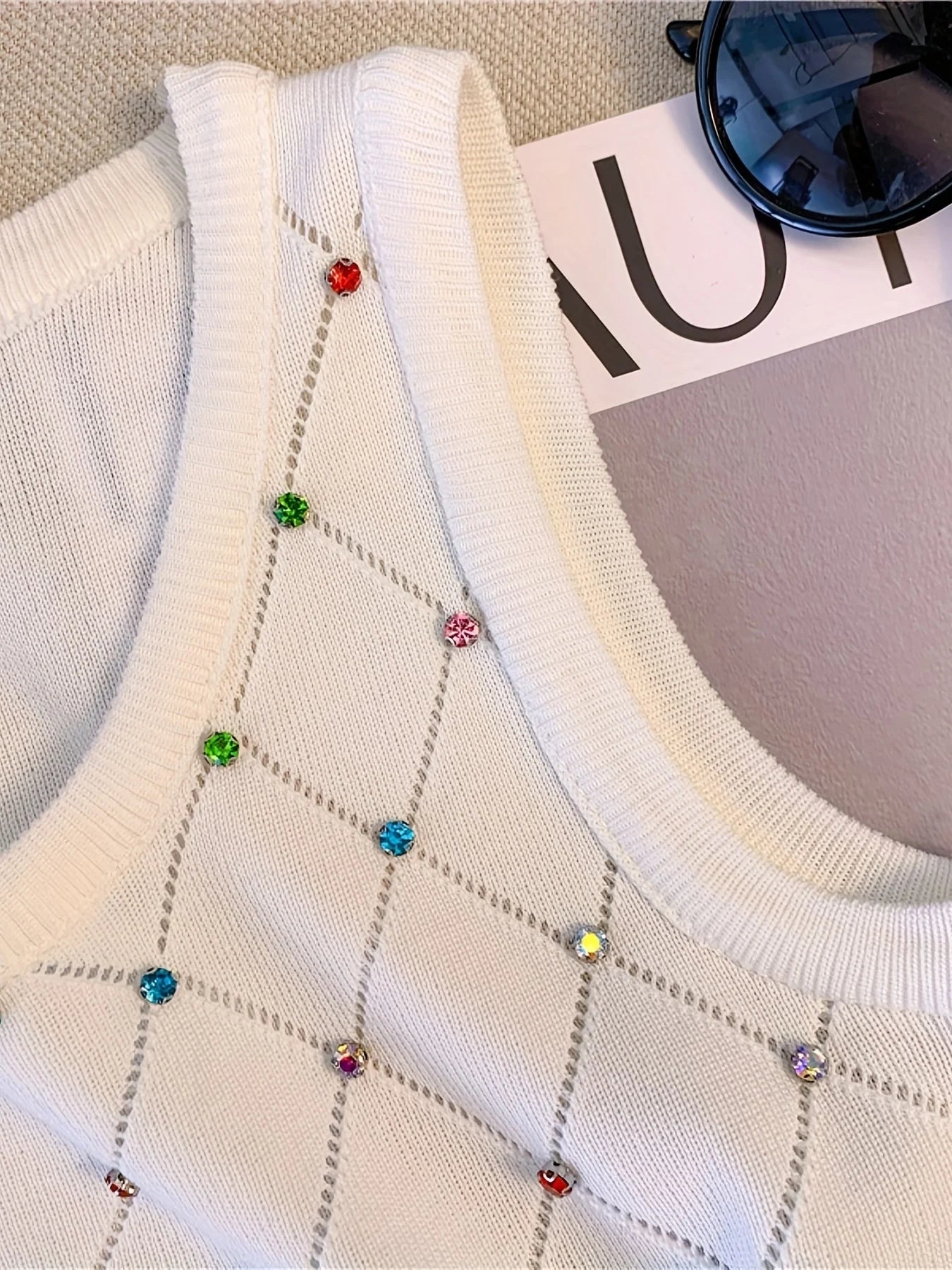 Colorful Rhinestone Knitted Tank Top Casual Crew Neck Sleeveless Tank Top For Summer  Women's Clothing Crop Top Camis