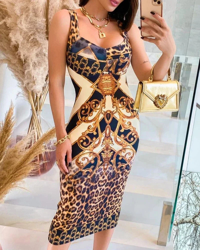 Vestido Sem Mangas  Estampa Colorblock Vestido Midi Amarelo Leopardo