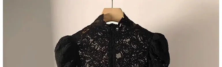 Fleece Lined Lace Base Shirt Women's Autumn Winter Hollow out Mesh Top Trendy Commute Style High Neck Long Sleeve  Color