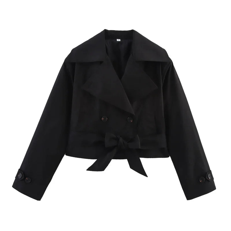 ETJ 2025 new  women's British wind trench coat style double-breasted long sleeve belt lapel jacket short coat