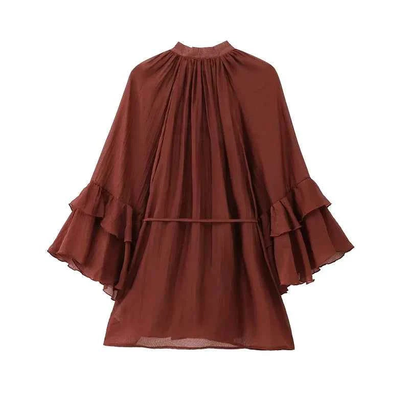 HXAO Woman 2025 Dress Ruffle Long Sleeve Mini Dress Summer Tie Fairy Short Dresses For Women Pleated Elegant Party Dresses 088