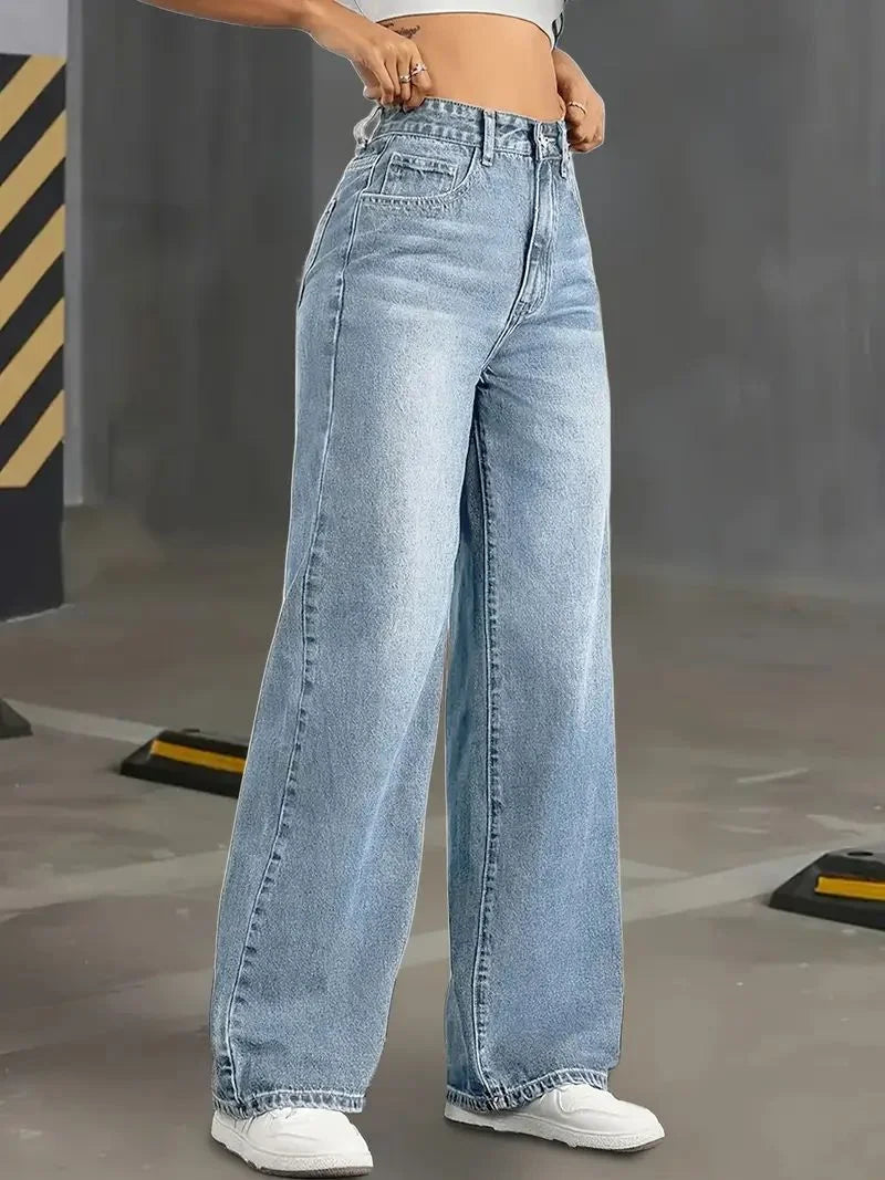 Classic Blue Y2K Jeans for Women Straight Leg Stretchy Denim Trousers Simple Design Retro Style Elastic Waist