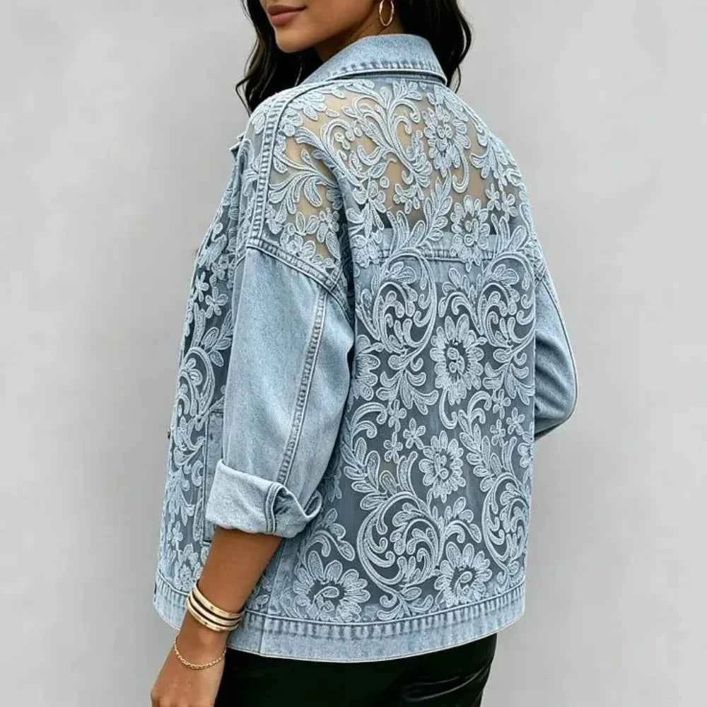 Women's See-Through Floral Lace Embroidered Patchwork Denim Long Sleeve Jacket Casual Streetwear Short Outerwear for Spring Fall