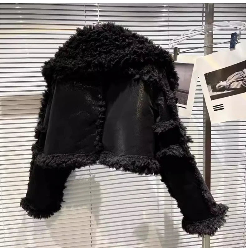 Lautaro Autumn Winter Short Hairy Thick Warm Black Faux Sheepskin Coat Women with Long Sleeve Luxury Designer Fluffy Jacket 2023