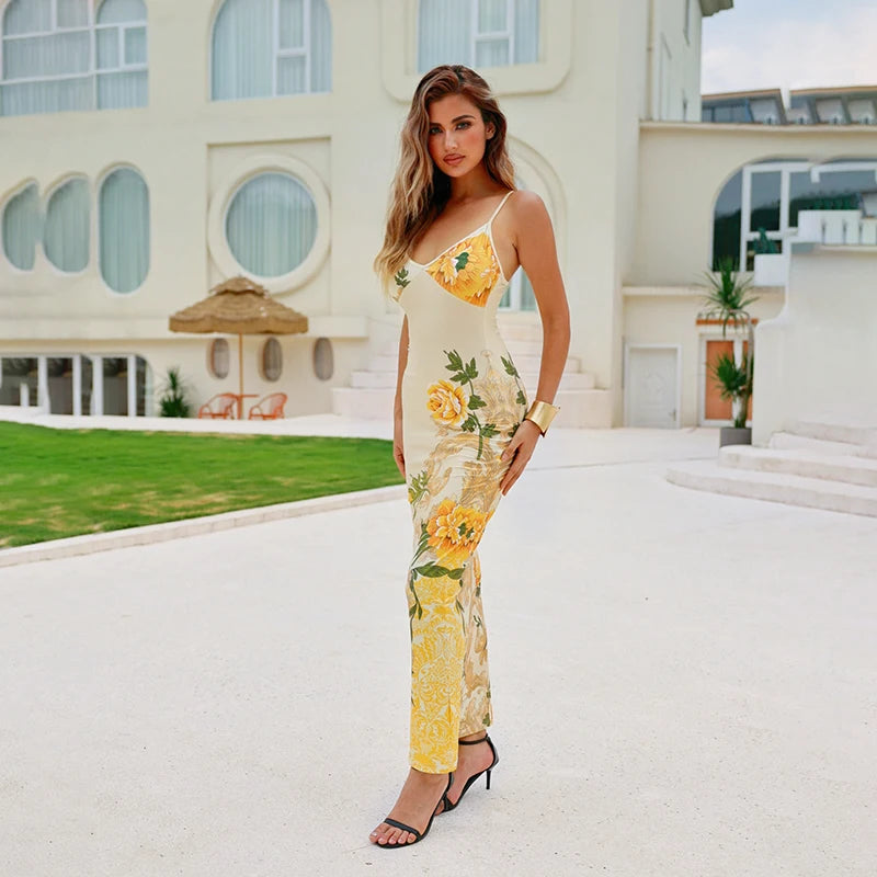 Sleeveless Floral Print Suspender Dress Women Fashion V-neck Slim Maxi Dresses 2023 Summer Chic Female Beach Party Club Robe - CRAVO ROSE