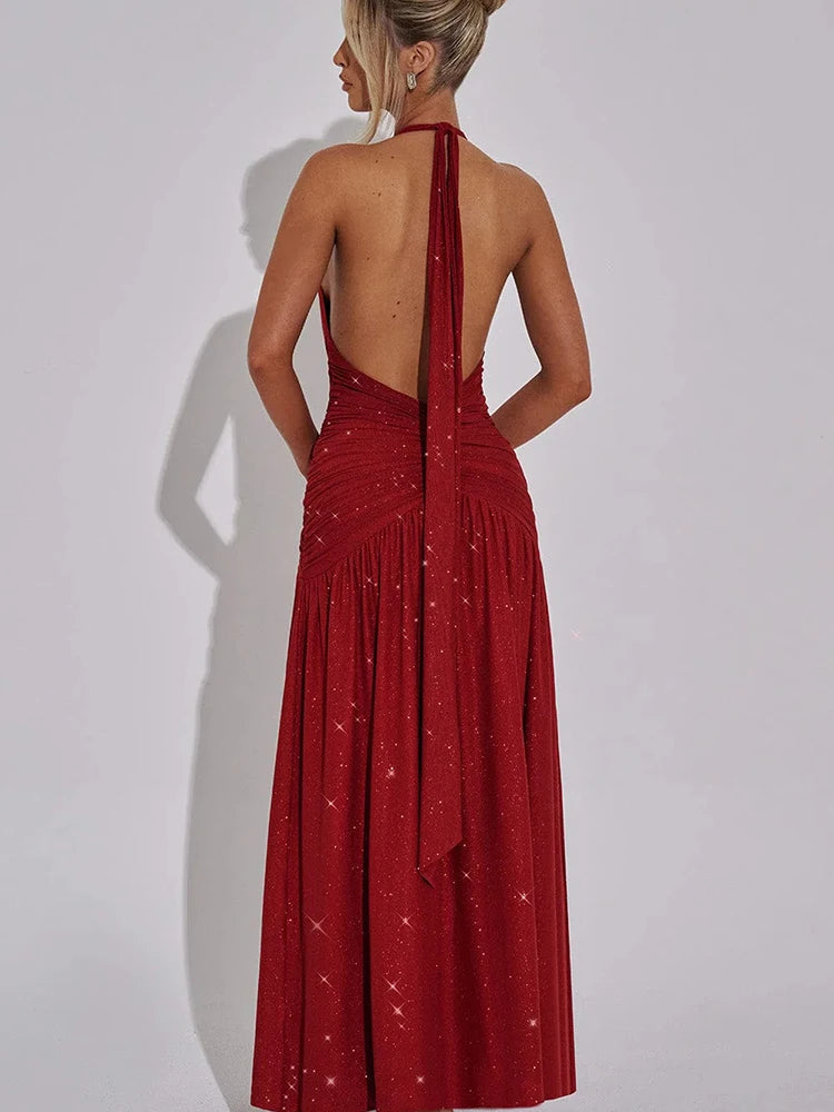 JULISSA MO Glitter Bright Silk Deep V-neck Women Maxi Dress Khaki High Slit Halter Dress Spring Slim Elegant Party Evening Dress