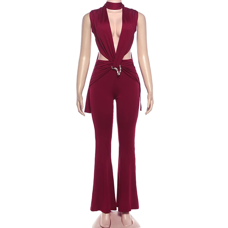 Women Ruched Sexy Metal Trim Jumpsuit Waistless Cross Hollow Bandage Coquette Midnight Workout Hipster Stretch Overalls