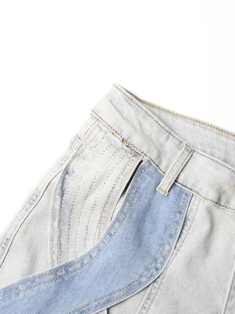 Calça jeans feminina VGH Crisscross Hit Color Streetwear cintura alta patchwork bolsos vazados calças femininas