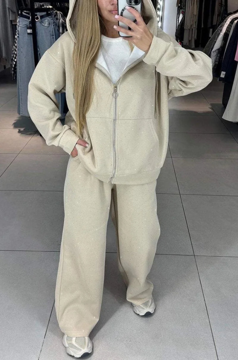 New Hot Drill Hooded Sweatshirt Two Piece Sets Women Causual Loose Wide Leg Pants Sets Autumn Winter Coats + Sweatpants Outfits