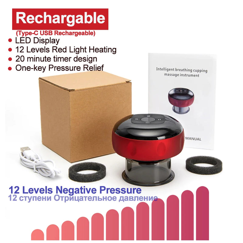 Massageador elétrico de terapia com ventosas para o corpo, anticelulite, aquecimento com luz vermelha, vibração, guasha, raspagem de gordura, queima de gordura e emagrecimento
