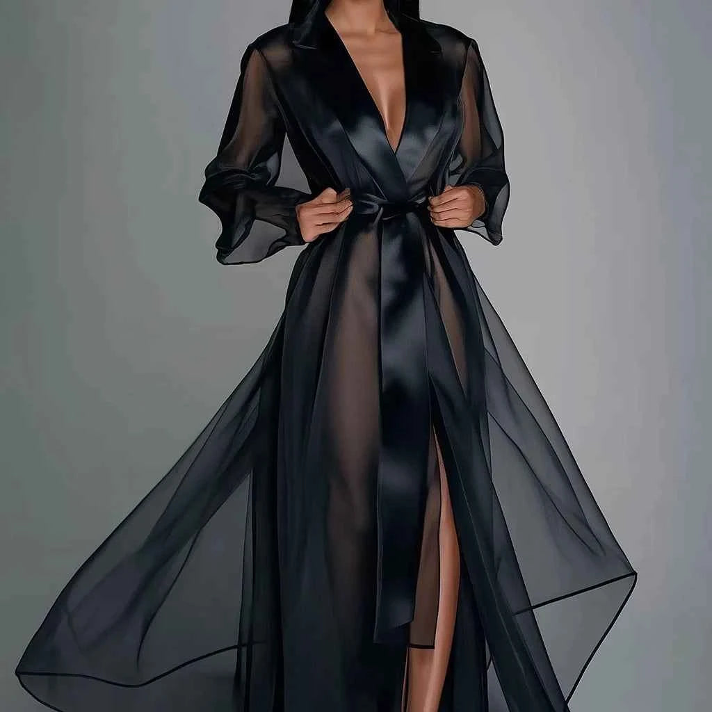 Women Maxi Dress Solid Organza See Through Lapel Long Sleeve Robe Summer Autumn Fashion Lace Up Gown Satin Silk Party Dress