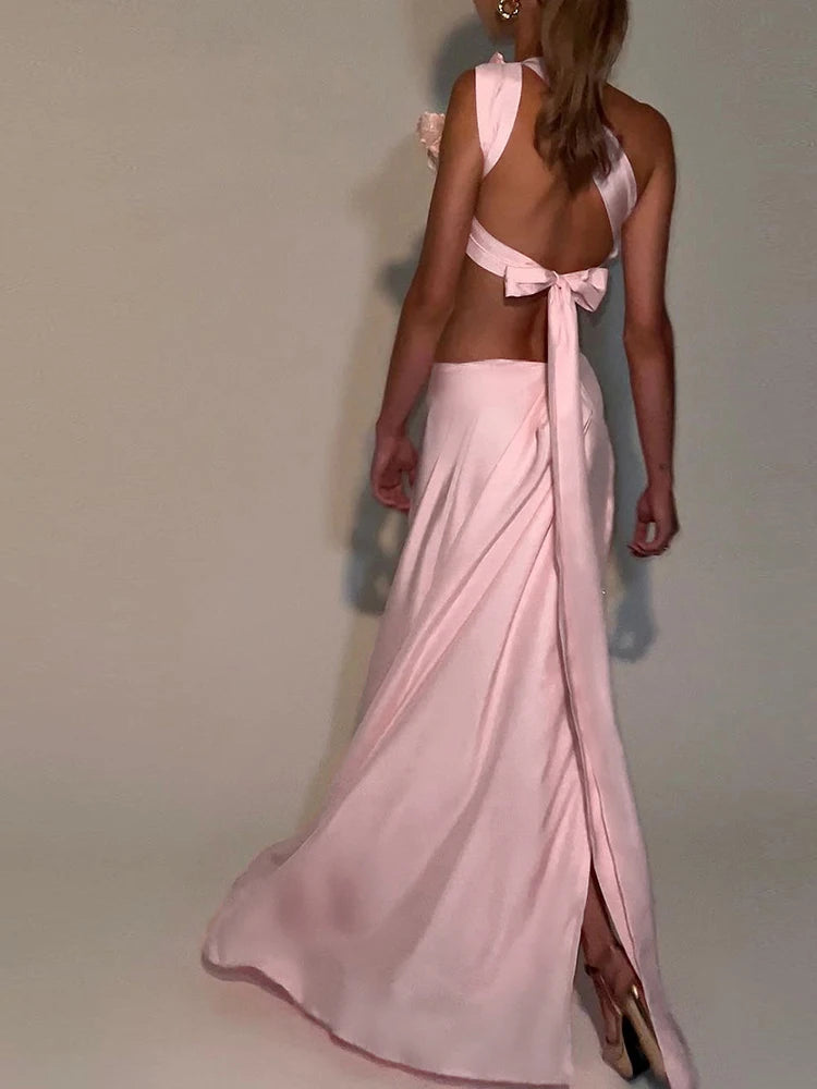 Weird Puss Sequin Flowers 2Piece Set Women Sexy Beach Vacation y2k Chic Skew Collar Tank Tops+Bandage Maxi Split Skirts Clubwear