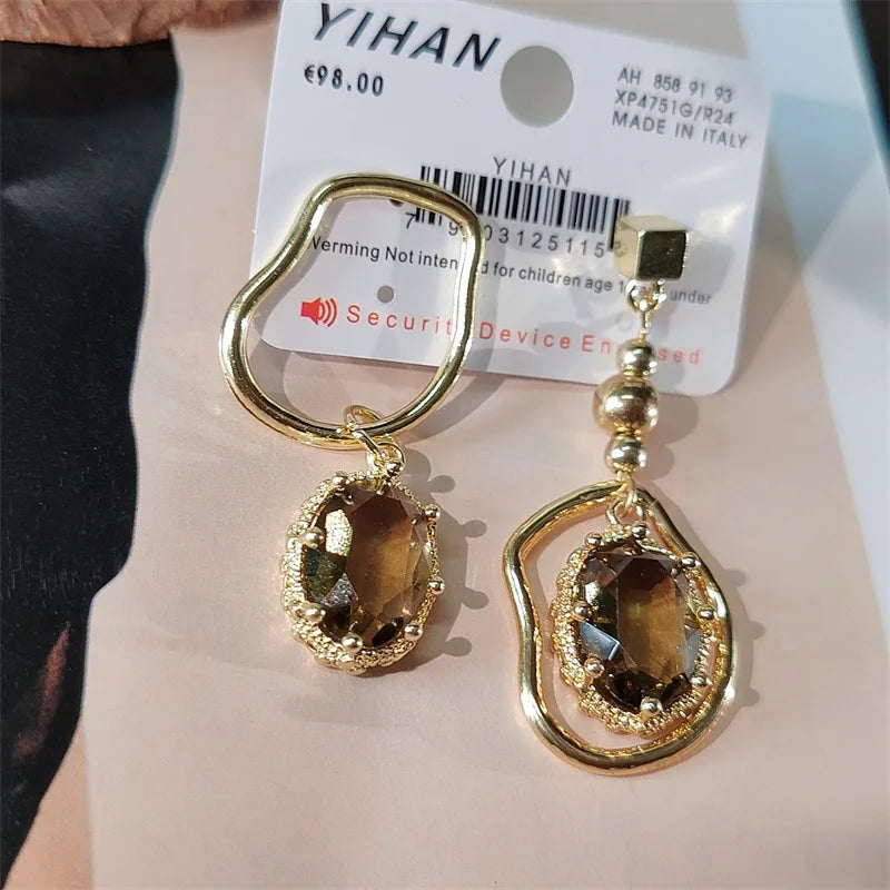 Vintage Tan Crystal New Asymmetrical Geometric Earrings Women Fashion Korean Temperament Metal Earrings For Women Jewelry