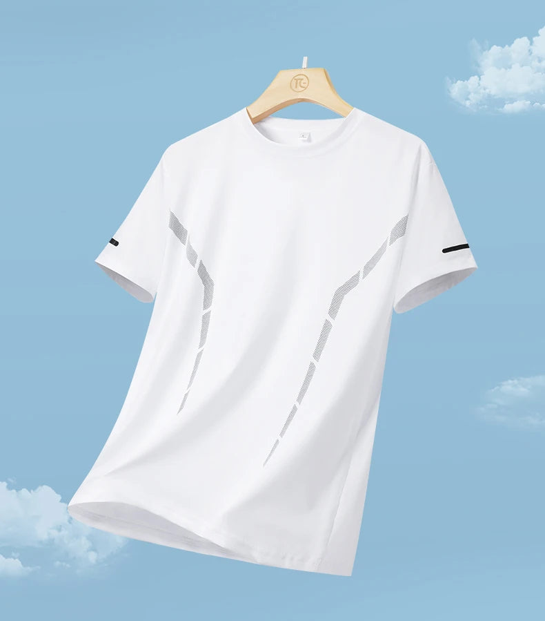 Camiseta masculina de manga curta, de seda gelada, de secagem rápida, para o verão, ideal para corrida ao ar livre, fitness e esportes.