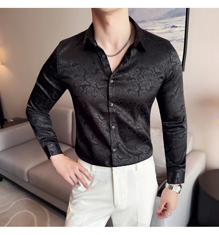 Men's Social Shirt New Rose Printed Long Sleeve Shirt Luxury Fashion Business Slim Fit Formal Shirt Men's Clothing 4XL-M