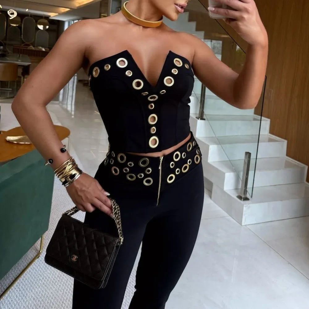 FLARORA Fashion Metal Ring Holes 2 Pcs Sets Woman Sleeveless Hollow Out Crop Tops And High Waist Flare Pants Elegant Streetwear