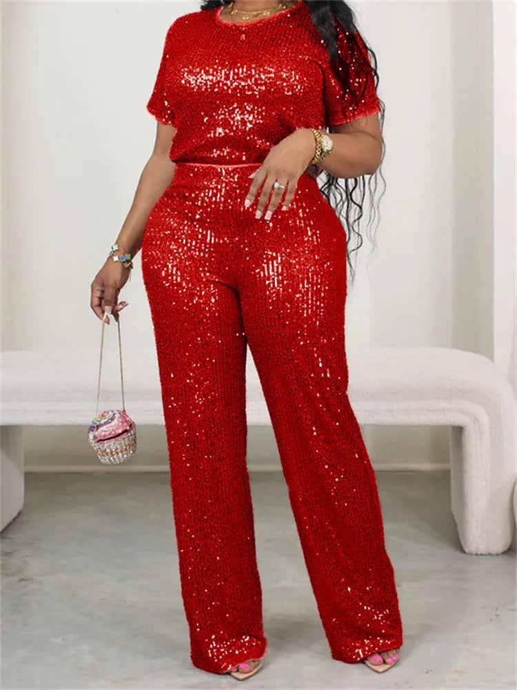 Conjunto Feminino de Duas Peças Primavera Feminino Casual Brilhante Lantejoulas Gola Redonda Moda Sólida Manga Curta Camiseta Perna Larga Calças Terno