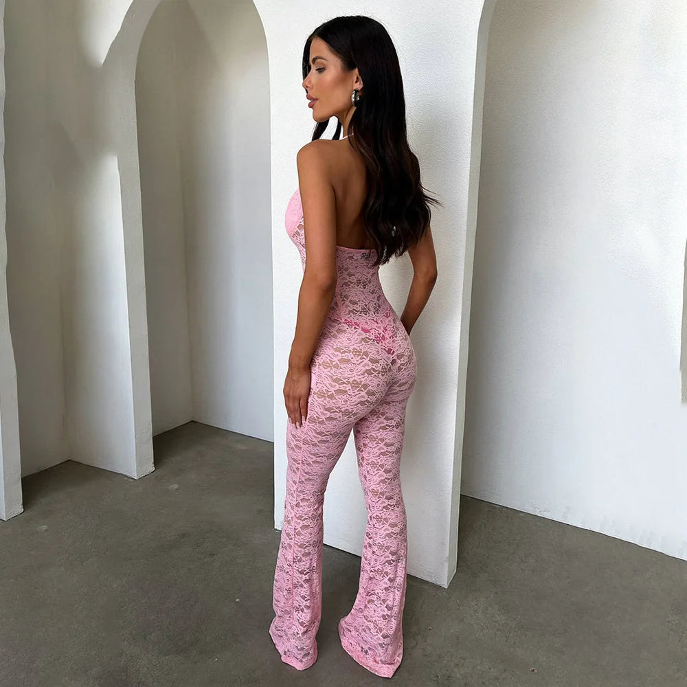 Women's New Sexy Fashion Hollow-Out Lace See-Through Backless Halter Slim Jumpsuit