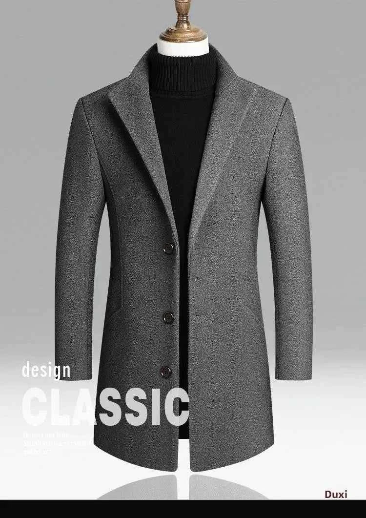 Men's Woolen Coat Autumn Winter Long Style Slim Fit Fashionable Outerwear Rabbit Fur 100% Versatile for All Seasons