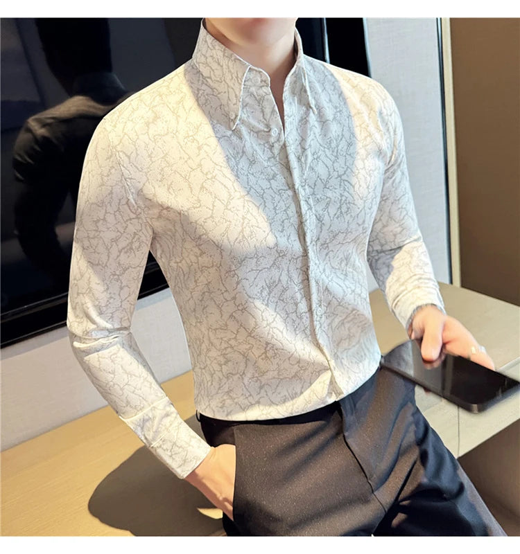Camisas jacquard vintage de luxo, manga comprida de alta qualidade, slim fit, smoking casual, camisas sociais para casamento, tamanho 4XL-M
