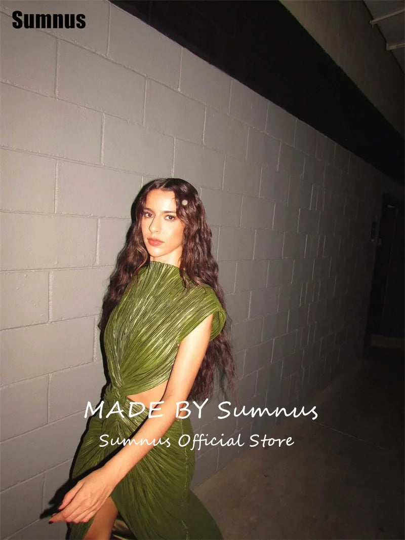Sumnus Sexy Mermaid Evening Dresses High Neck Pleats Cut-out Side Slit Maxi Formal Dresses Gala robes de soirée Customized