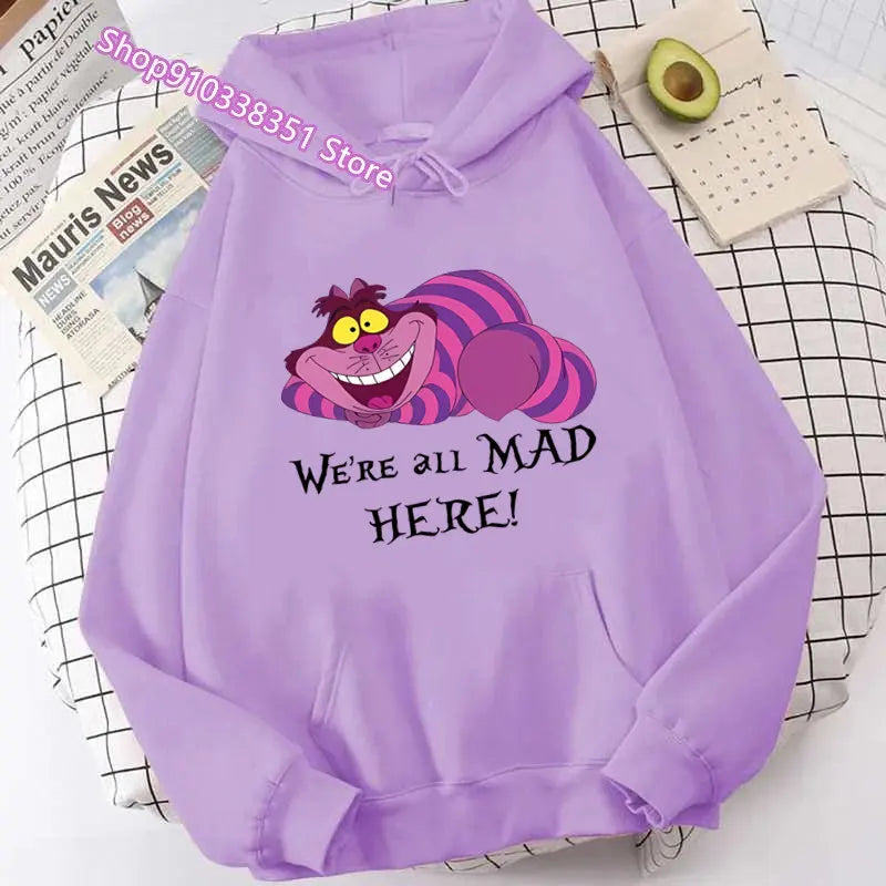 Moletons com capuz Alice no País das Maravilhas, gato de Cheshire, feminino, moletom com capuz, estilo mangá, Harajuku, feminino