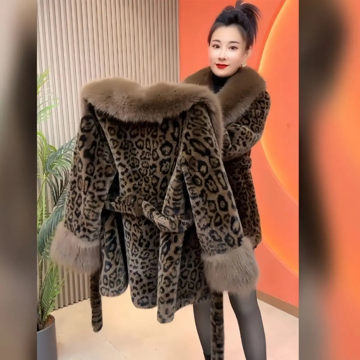 2025 New Women Autumn Winter Leopard Print Temperament Fur Coat Medium-Long High End Fur Collar With Belt Fur Jacket Overcoat