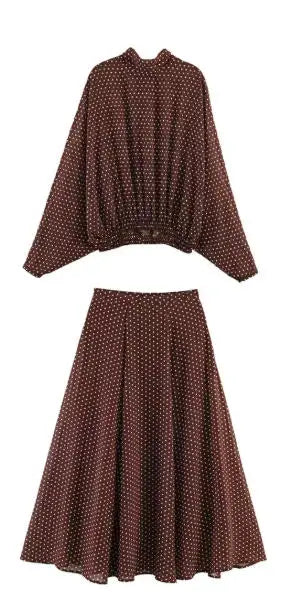 ETJ Women's Polka Dot Blouse Skirt Set 2026 Spring High Neck Batwing Sleeve Sheer Front Tie Bow Midi A-Line Dress Set
