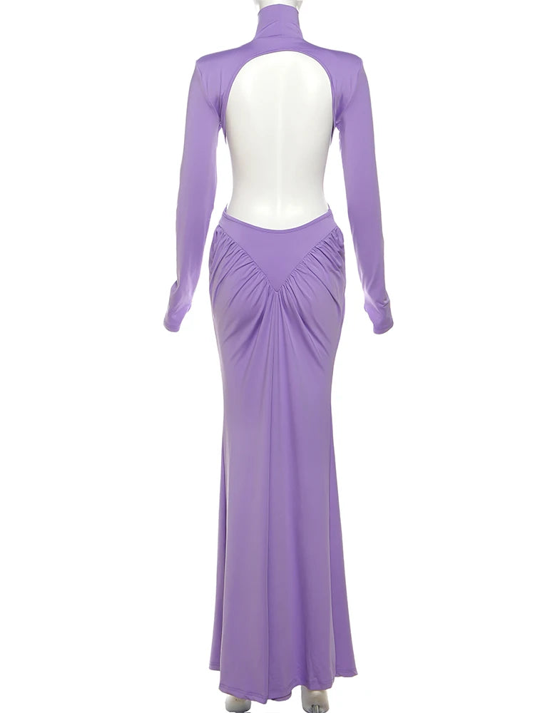 Weird Puss Backless Maxi Dress Women Shoulder Pads Long Sleeve Waistless Peach Buttocks Ruched Elegant Banquet Skinny Vestidos