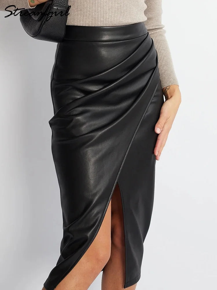Women Midi Leather Skirt Sexy Split High Waist Zipper PU Front Slit Skirts Ladies Black Faux Leather Folded Skirt For Women