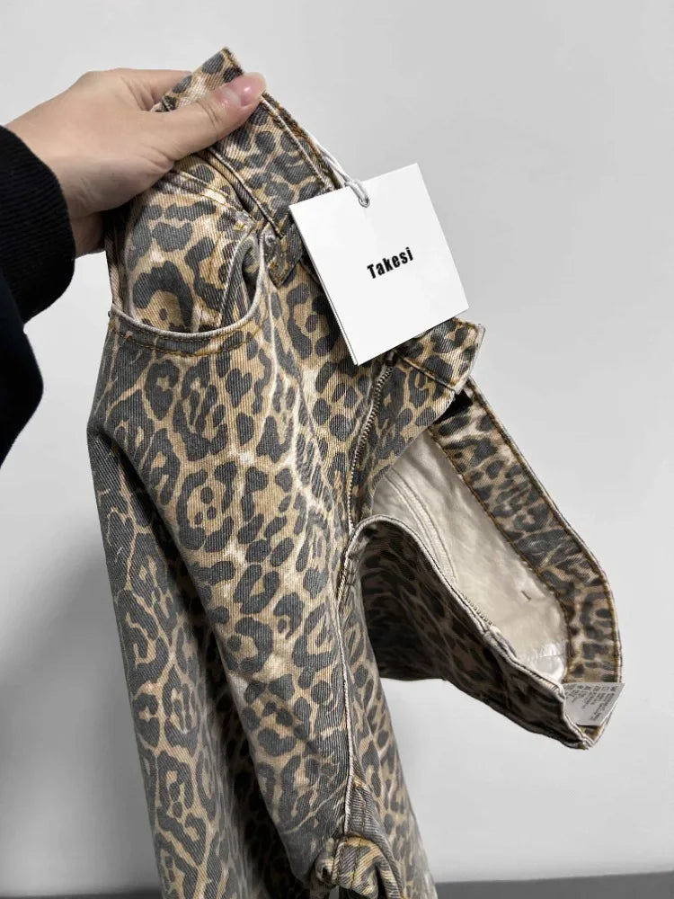 Calça jeans feminina americana retrô com estampa de leopardo, cintura alta, larga, casual, com bolsos, hip-hop, primavera/verão 2000, calça jeans pantera grande
