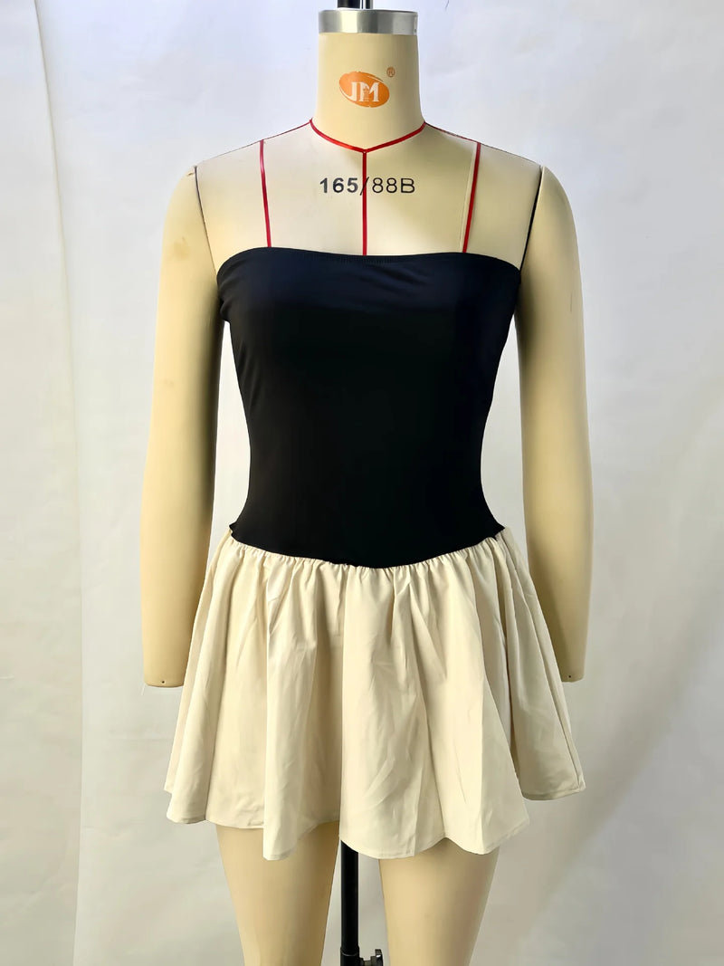 Slim Folds Tube Top Mini Dresses For Women Bodycon Backless Contrasting Colors Dresses Summer Sexy Off Shoulder Elegant Vestidos