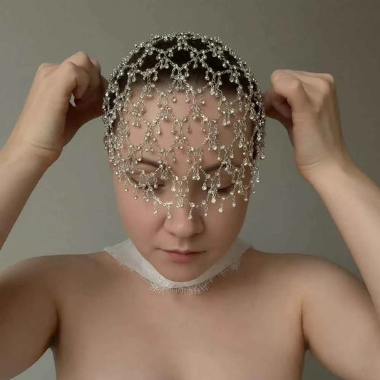 Fashion Round Crystal Mesh Forehead Headband Wedding for Women Handmade Bridal Hollow Rhinestone Hair Chain Hat Boho Accessories