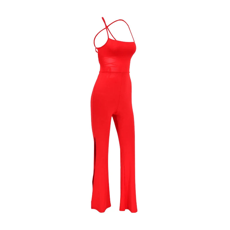 Women New Summer Elegant Jumpsiuits Sexy Backless Sling Slim Streetwear Bandage Halter Sleeveless Split Long Jumpsiuits Clothing