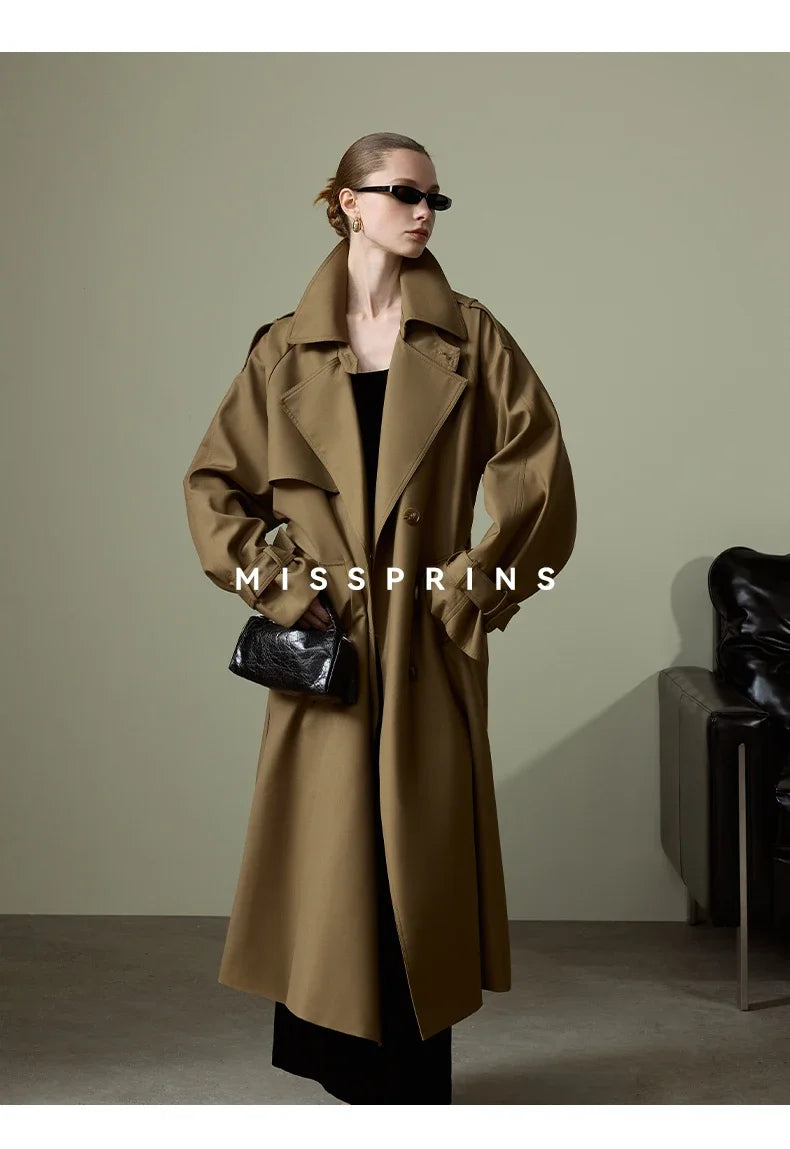 Lautaro Spring Autumn Long Khaki Trench Coat for Women Belt Double Breasted Chic Luxury Designer European Fashion Clothes 2025