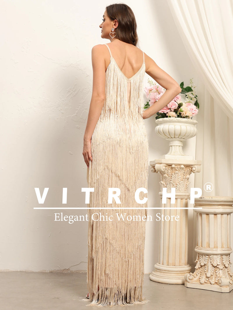 VITRCHP Luxury Evening Dresses 2025 Glitter Tassels Sleeveless Straight Long Prom Dress Floor Length Formal Occasion Dresses