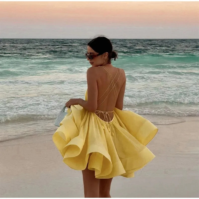 2025 Sexy Backless Lace Up Women's Sling Mini Dress Chic Solid High Waist Loose Pleated Hem Vestido Lady Summer Party Beachwear