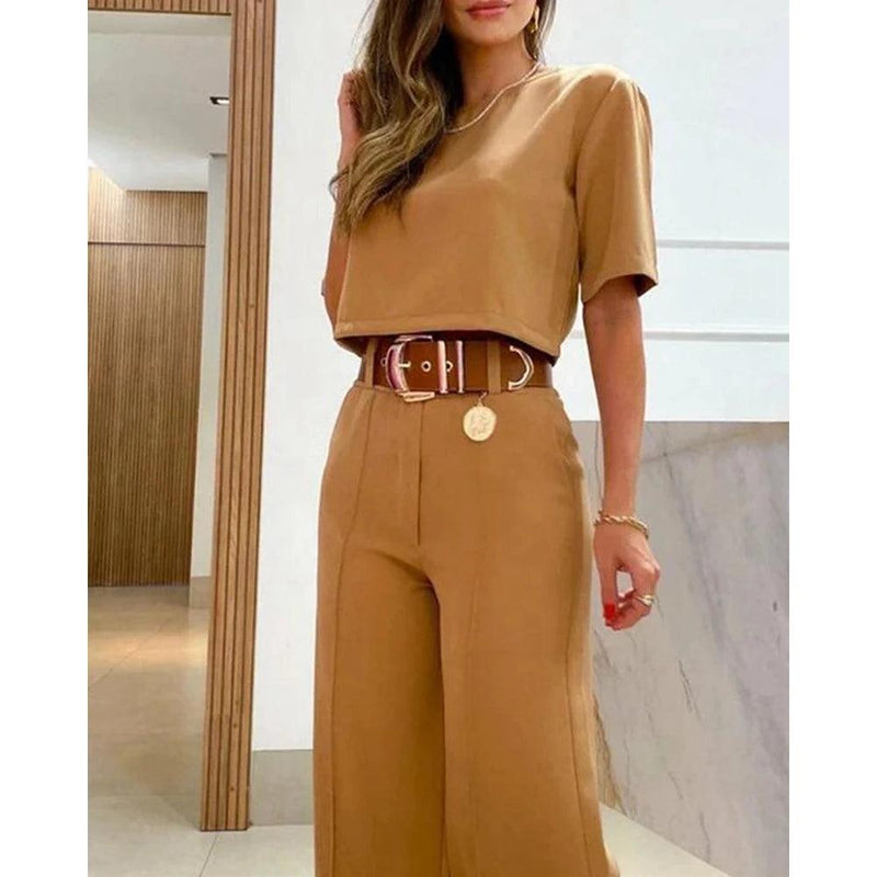 Casual Fashion Women Half Sleeve Crop T-shirt Wide Leg Pants Set Summer Femme Office Lady Two Pieces Suit Set Workwear Outfits - CRAVO ROSE