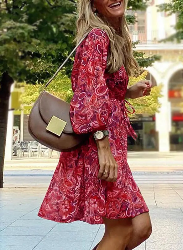 Vestido curto feminino estilo boêmio, com cordão na cintura, gola V, solto, elegante, casual, manga sete quartos