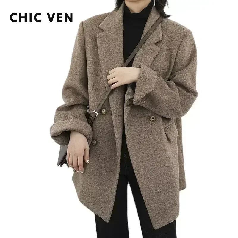 Casaco de lã feminino CHIC VEN, blazer longo de lã, blusa grossa e quente, sobretudo feminino, blusa feminina para escritório, outono e inverno