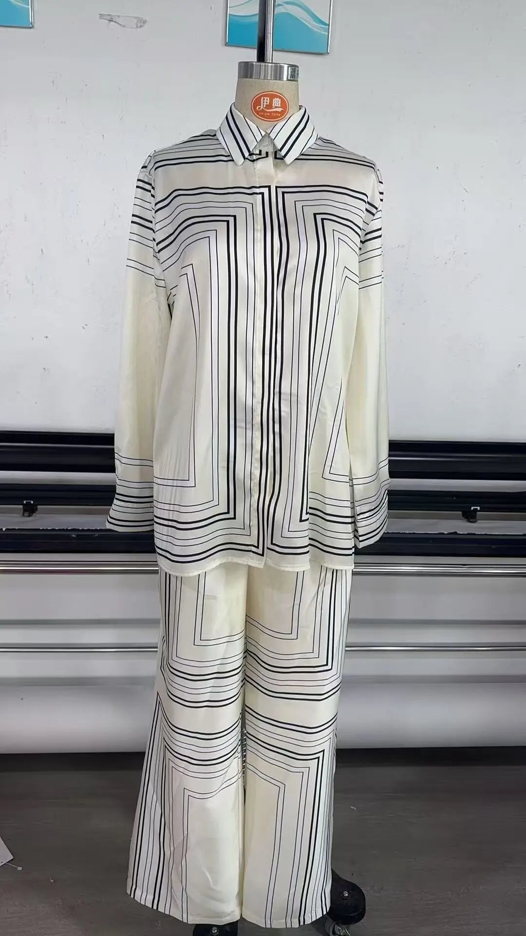 HH 2025 Women Trouser Suit Turn-down Collar Long Sleeve Single-breasted Slim Print Shirt+High Waist Zipper Loose Long Pants