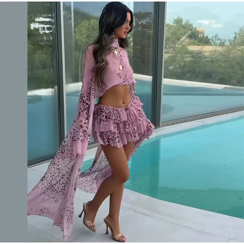 Sexy Women's Skirt Set Full Sleeve Crop Top Ruffle Hem Skirts Female Vacation Print Sets 2026 Summer Beach Fashion Lady Suit