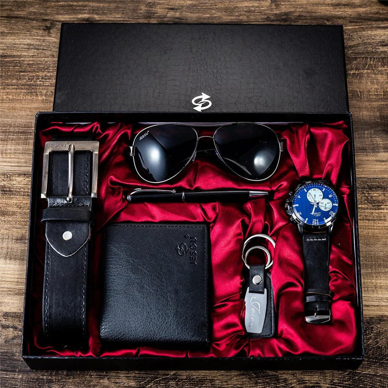 Kit Luxo Masculino Conjunto 6 em 1 Relógio Óculos Caneta Chaveiro Cinto Bolsa